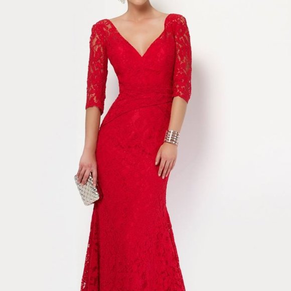 NEW Red Long Lace Dress, 3/4 Sleeve Holiday Formal Sexy, Cruise Prom Mother's - Picture 1 of 10